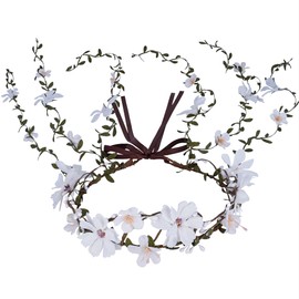 PartyforU Bohemian Flower Crown Headband - Forest Vine Crown White Floral Headpiece Woodland Crown for Bridal Wedding Maternity Photo Fairy Renaissance Party Cosplay