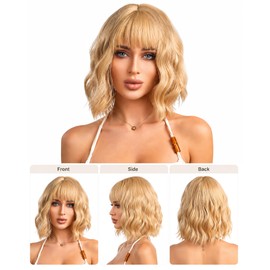 Gold Bob Wigs with Bangs 12 Inch Short Wavy Wig Natural looking for Women