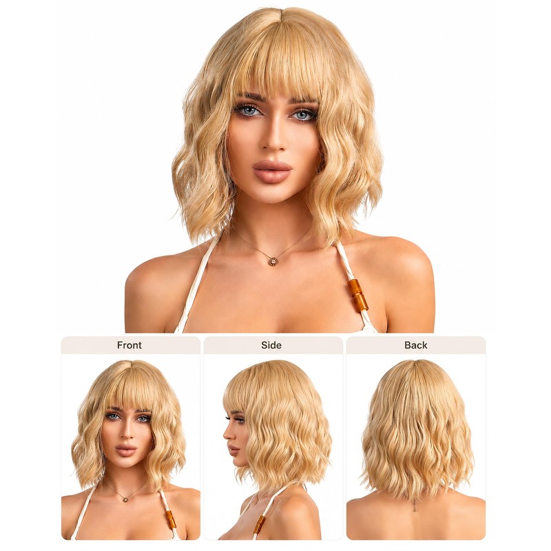 Gold Bob Wigs with Bangs 12 Inch Short Wavy Wig