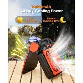 Solar Camping Fan 10400mAh, Solar Powered Fan with LED Lantern, 7W Rechargeable Battery Operated Fans for Outside, 4 Speeds, 2-8H Timer and Quiet Battery Powered Solar Tent Fans for Outdoor, Barbecue