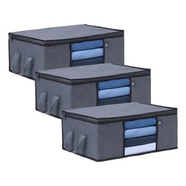 VENO 3 Pack Medium Clothes Storage Bag Organizer with Reinforced Handle Thick Fabric for Comforters, Blankets, Bedding, Foldable with Sturdy Zipper, Clear Window, Grey, Reusable (9.5 Gallon)