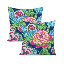 MangGou Colorful Chinoiserie Flower Farmhouse Throw Pillows Hot Pink Royal Blue Peony Floral White Linen Cushion Cover Chinoiserie Style Accent Pillow for Sofa Couch Car Chair 16x16in Set of 2