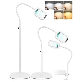 10X Rectangle Magnifying Glass with Light and Stand, 24" Flexible Gooseneck 3-in-1 Floor Lamp, 5 Color Modes Stepless Dimmable, LED Lighted Hands Free Magnifier for Reading Painting Close Work - White