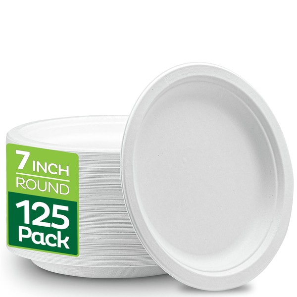 100% Compostable Disposable Paper Plates [125-Pack] - {PFAS-Free} - {BPI Certified} - [7 Inch] Heavy Duty, Eco-Friendly, Biodegradable Bagasse Dinner & Lunch Plates - Thick White 7" Plate by Stack Man