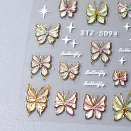 2 Pcs Butterfly Nail Stickers 3D Butterfly Nail Decal Gold Nail Stickers Butterflies Nail Art Adhesive Sticker Sheets for Nail Art Decoration (Shell Butterfly # A)
