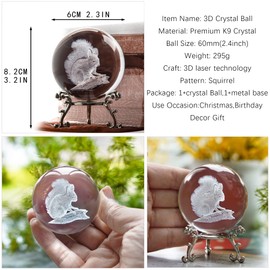 HDCRYSTALGIFTS 2.4" 3D Crystal Ball Laser Engraved Crystal Squirrel Figurine Collectibles Paperweight Glass Ball Ornament Decorative Balls