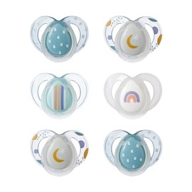 Tommee Tippee Chupones nocturnos que brillan en la oscuridad, diseño simétrico, silicona sin BPA, 6-18 meses, Azul/Arcoiris, paquete de 6