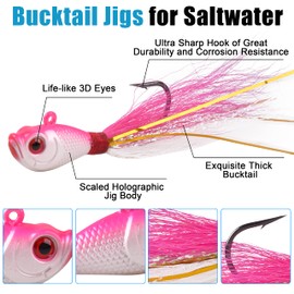 Bucktail Jigs Saltwater Hair Jig Lures, 5pcs Bucktail Jigs Fishing Lures Surf Fishing Jig Head Swimbait Jig Hook for Bass Flounder Striper 1/4oz 1/2oz 1oz 1.5oz