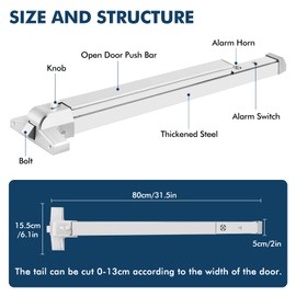 Commercial Door Push Bar Panic Exit Device with Alarm Exterior Lever 80cm/31.5" Stainless Steel Panic Bars for Exit Doors Emergency Exit Panic Door Hardware with 6 Keys for 31”-47” Wood Metal Doors
