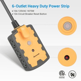 DEWENWILS Workshop Power Strip, 6-Outlets Strip with 15 FT Extension Cord, Heavy Duty 14/3C Gauge, SJTW Power Cord for Indoor Outdoor, 15A Circuit Breaker, Swivel Safety Covers, ETL Listed