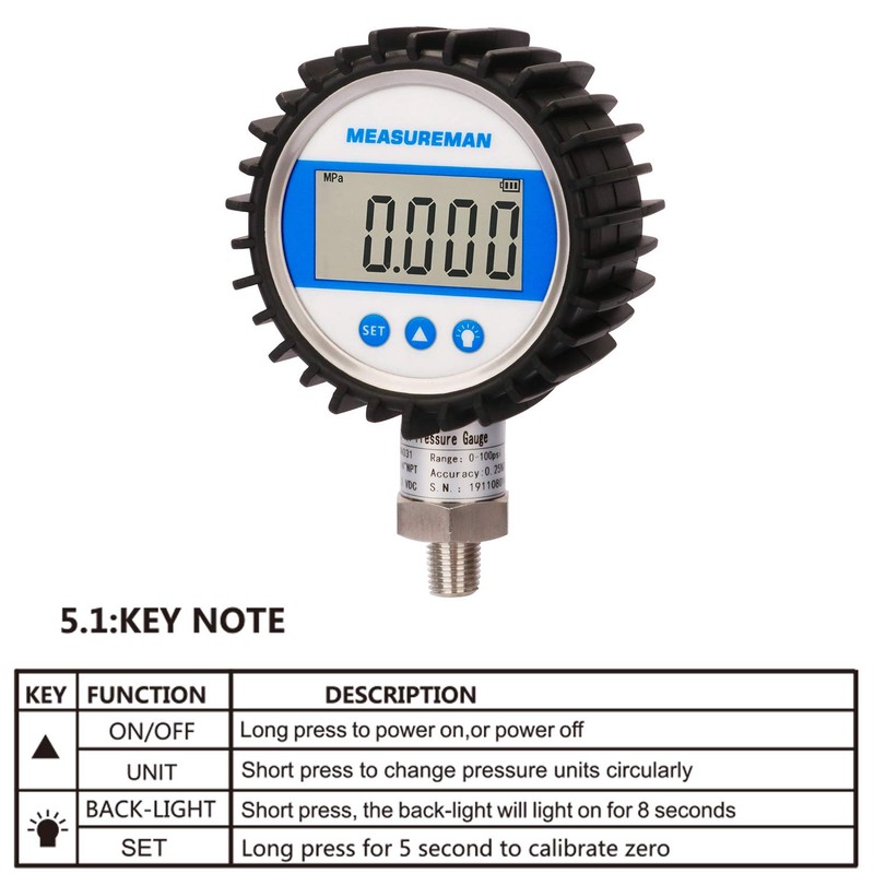 MEASUREMAN 3-1/8" Dial Size, Digital Pressure Gauge, 0-100psi/bar/Mpa/Kpa, 1/4"NPT Lower