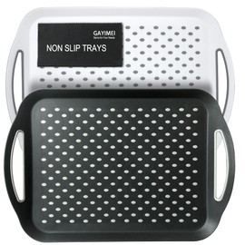 Large Anti-Slip Serving Tray with Handles, Dual Rubber Grippy Lap Food Trays for Eating, Dinning, Breakfast, on Couch/TV, Black & White - Set of 2