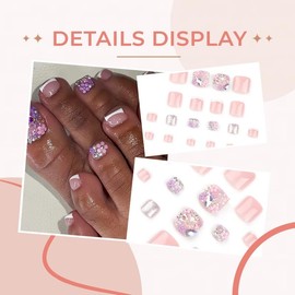 3D Rhinestones Purple Flower Charms Press on Toenails Short Square Fake Toenails with Pearl Charm Design Glue on Toenails White French Full Cover Stick on Toenails Nude False Toenails for Women 24Pcs