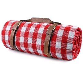 ADRIMER Large Picnic Blanket, Outdoor Waterproof Picnic Mat, Portable Sandproof Beach Blanket Mat for Family, Park, Camping, Hiking, 59" x 79", Red & White