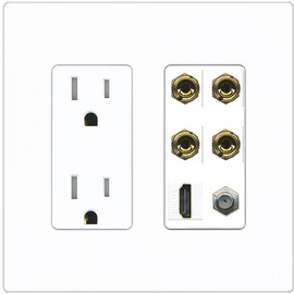 RiteAV 4 Port Banana 2 Speaker Binding Post HDMI Coax Wall Plate - Tamper-Resistant Outlet [Screwless White]
