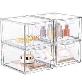 SpaceHacks SpaceHacks 4 Pack Stackable Makeup Organizer and Storage, Acrylic Organizers,Clear Plastic Storage Drawer with Handles for Vanity, Undersink, Kitchen Cabinets, Pantry