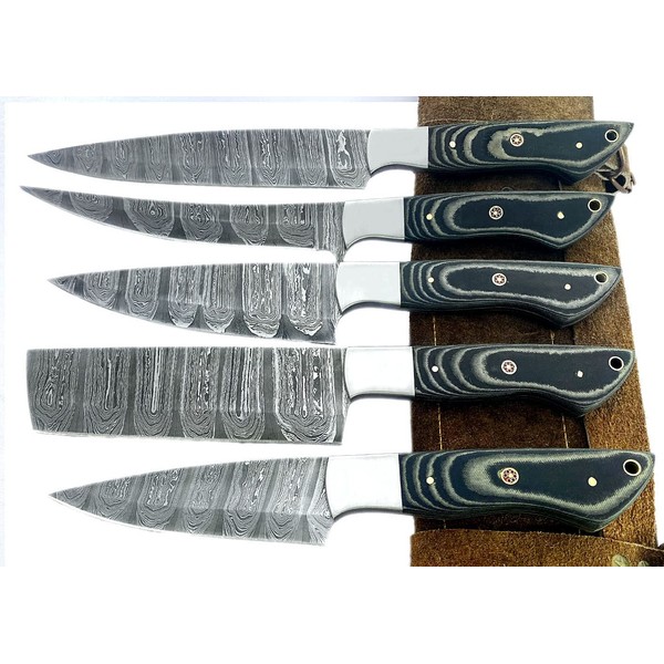 Professional Kitchen Knives Custom Made Damascus Steel 5 pcs of Professional Utility Chef Kitchen Knife Set with Chopper / Cleaver with Pocket Case Chef Knife Roll Bag - BW-4160
