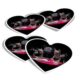 Vinyl Heart Stickers (Set of 4) - French Bulldogs Playing Cards Dog Fun Decals for Laptops,Tablets,Luggage,Scrap Booking,Fridges #21556