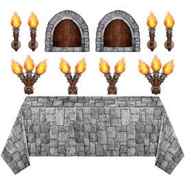 11 Pcs Medieval Scene Setter Set Window Torch Props Party Accessory Plastic Brick Tablecloth Knight Themed Castle Decorations Medieval Party Decorations for Party Table Wall Decor (Rustic Window)