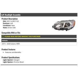 Left Driver Side Halogen Headlight Assembly - with Chrome Bezel - Compatible with 2015-2020 Subaru WRX