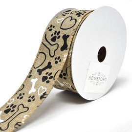 (Natural) - Homeford Doggy Paws and Bones Wired Linen Ribbon, 3.8cm , 10-Yard (Natural)