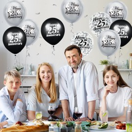 25th Anniversary Balloons 18Pcs Black Silver 25th Anniversary Party Decorations for Women Men Black Silver 12Inch Happy 25th Anniversary Confetti Latex Balloons for Indoor Outdoor Party Supplies