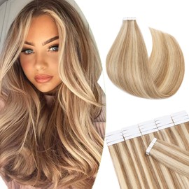 S-noilite Remy Tape in Hair Extensions Human Hair Golden Brown & Bleach Blonde 40pc Seamless Skin Weft Straight Tape in Extensions Invisible Highlights Tape Hair Extension 100g,2.5g/pcs(18",#12P613)