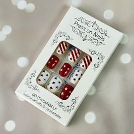 4th of July Press on Nails Short Square Fake Nails with American Flag Star Designs Blue Red False Nails Glue on Nails Press ons Independence Day Nails Full Cover Patriotic Stick on Nails for Women