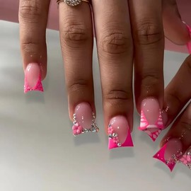 24 Pcs Press on Nails Short Square,YIHONGYAN Fake Nails Press ons Nail Tip Acrylic Kit Glue on Nails Full Cover Pink Duck Mouth False Nails with Flower Rhinestones Design Stick on Nails for Woman