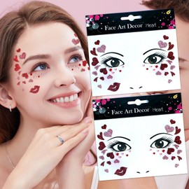 Totelux Valentines Face Tattoos Stickers Glitter Face Jewels Sparkly Heart Lip Temporary Tattoo for Adult Kids Makeup Valentines Day Festive Cosplay Party Decoration Supplies Red Pink 2Pcs