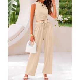 BTFBM Women Summer 2 Piece Outfits Ribbed Knit Crew Neck Sleeveless Cropped Top Elastic Waist Wide Leg Pants Lounge Set(Solid Apricot, Medium)