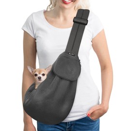 SlowTon Dog Carrier Sling - Thick Padded Adjustable Shoulder Strap Dog Carriers for Small Dogs, Puppy Carrier Purse for Pet Cat with Front Zipper Pocket Safety Belt Machine Washable (Grey Mesh S)