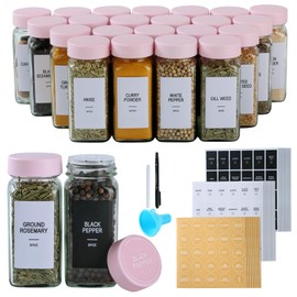 GMAMXD 48 Glass Spice Jars with Labels,Spice Jar Set,4oz Seasoning Containers,Spice Containers with Pink Airtight Lids and Shaker Lids,Square Empty Spice Bottles, 492 Labels,2 Marker Pens,1 Funnel