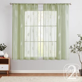 Lazzzy Sage Green Sheer Curtains Leaf Embroidered Pattern Sheer Drapes 63 Inch Length 2 Panels Farmhouse Country Floral Curtains for Living Room Bedroom Sliding Door Rod Pocket Beige on Sage