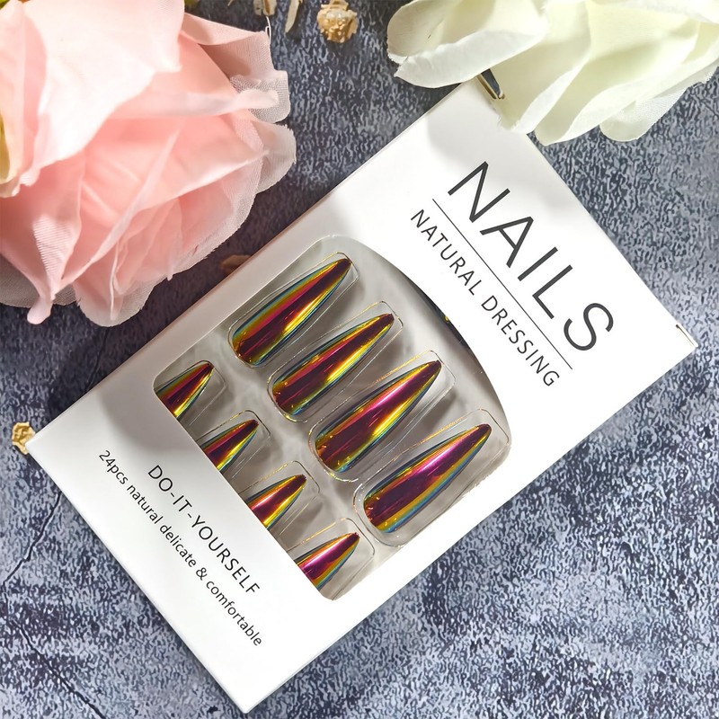 Chrome Press on Nails Medium Length Artificial Acrylic Metallic Laser