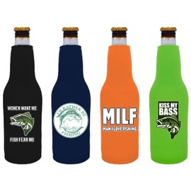 Fishing Funny Zipper Beer Bottle Coolie Designs 4 Pack