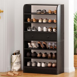 soges Shoe Storage Cabinet, 7-Tier Vertical Free Standing Shoe Rack with Movable Non-Woven Drawer, Shoe Organizer Storage Shelf Cabinet for Entryway, Living Room, Hallway, Doorway, Black