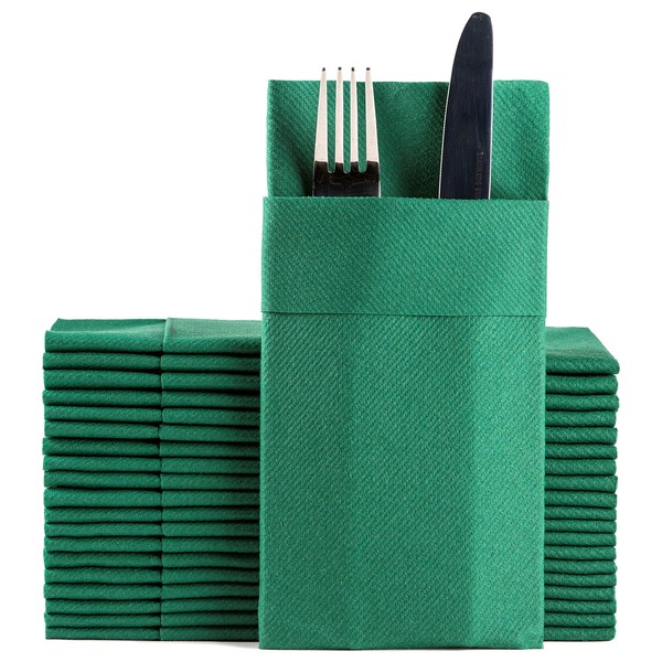 Green Dinner Napkins Cloth Like with Built-in Flatware Pocket, Linen-Feel Absorbent Disposable Paper Hand Napkins for Kitchen, Bathroom, Parties, Weddings, Dinners or Events, 1/8 Fold, Pack of 50