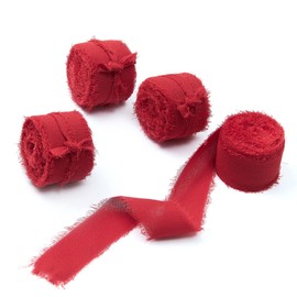 4 rollos de cinta de seda de gasa hecha a mano con flecos rojos de 1 ancho x 5 yardas, cinta de bordes deshilachados para invitaciones de boda, ramos de novia, envoltura de regalos, manualidades de bricolaje, fabricación de lazos (1 x 20 yardas) rojo)