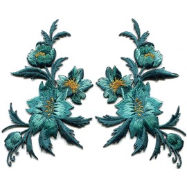 3 x 5.13 inches. Blue Green Teal Flowers Pair Floral Embroidered Appliques Iron-on Patches