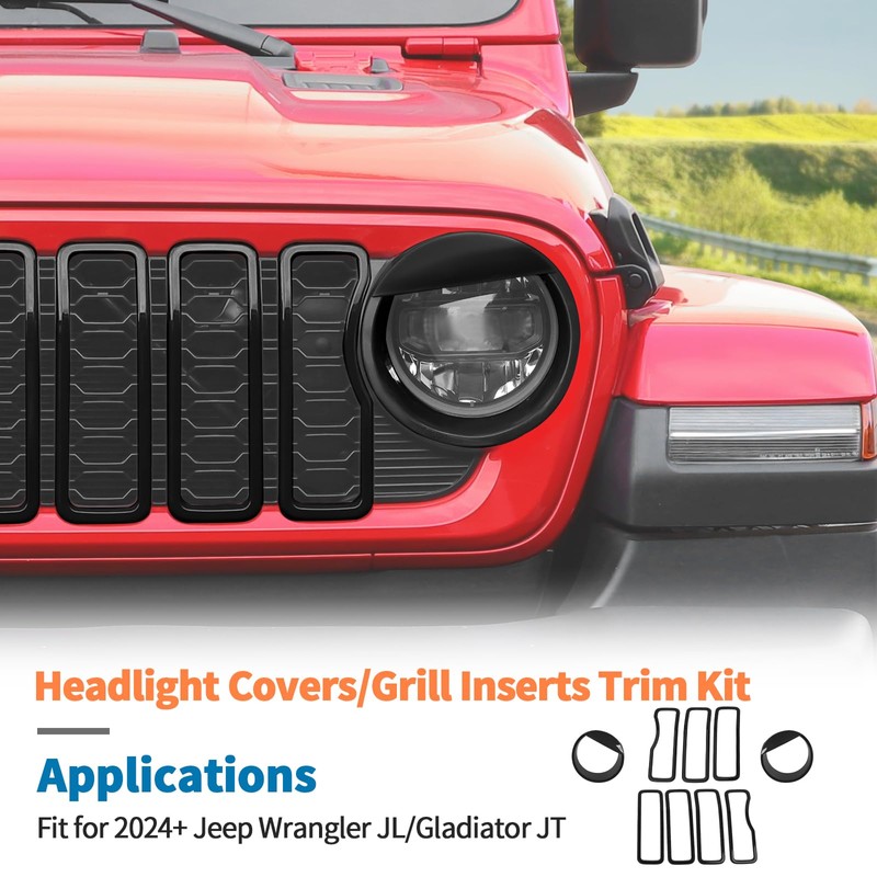 JeCar 9pcs Black Grill Inserts Headlight Covers Trim Kit for