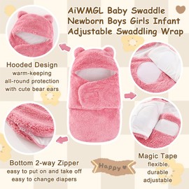 AiWMGL Baby Swaddle Blanket Boys Girls Fleece Winter Warm Adjustable Newborn Swaddling Wrap Soft Sleeping Sacks Infant Pink 0-1 Months