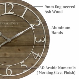 Presentime & Co Vintage Farmhouse Shiplap Clock, 19.5 inch, Silver Arabic Numerals with Weathered Pine Wood Shiplap Style. Large Farmhouse Decor for Living Room, Entryway, Home Office, Wall Décor