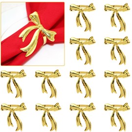 Davifina 12Pcs Bows Napkin Ring Gold Bow Tie Napkin Holder Metal Bowknot Napkin Buckles for Valentine's Day Wedding Birthday Baby Shower Christmas Table Decoration