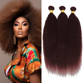 Color 4 Brown Kinky Straight Weave Bundles Human Hair Chocolate Brown Bundles Double Weft Brazilian Human Hair Dark Brown Yaki Straight Bundles Soft and Silky for Black Women 14 16 18 Inch