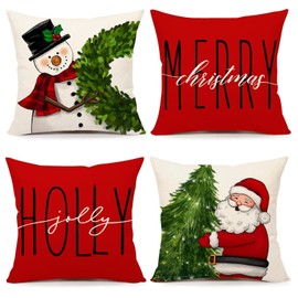 Simpkeely Red Christmas Pillow Covers Set of 4, Festive Farmhouse Christmas Decor, Snowman Wreath Santa Claus Tree Merry Xmas Holly Jolly Winter Holiday Throw Cushion Cases for Home Sofa - 18" x 18"