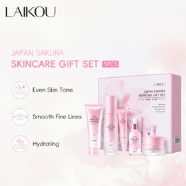 LAIKOU Sakura Face Care Set, 5 Pieces Skin Care Set Teenager Girls, Face Care Set Women's Moisturising with Cleanser Toner Eye Cream Serum Cream Skincare Set for Teenagers Girls Women