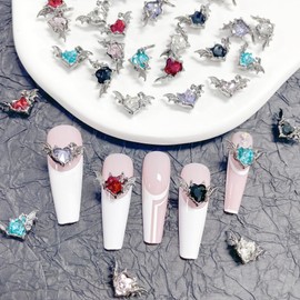 SHANRUN 24 Pcs Bats Nail Charms Decor Silver Multicolor Rhinestones Nail Charms for Acrylic Nails Alloy Nail Charms with Gem Sparkling Bats Nail Art Decoration for Press on Nails DIY Design