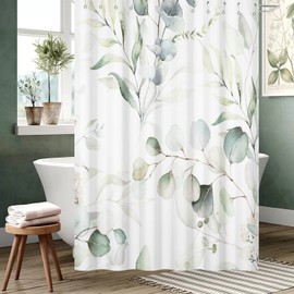 GCIREC Eucalyptus Leaf Waffle Shower Curtains, Weighted Bottom Sage Green Spring Watercolor Botanical Plants Textured Fabric Bathroom Curtain Bathtub Home Decor Waterproof Washable with Metal Hooks