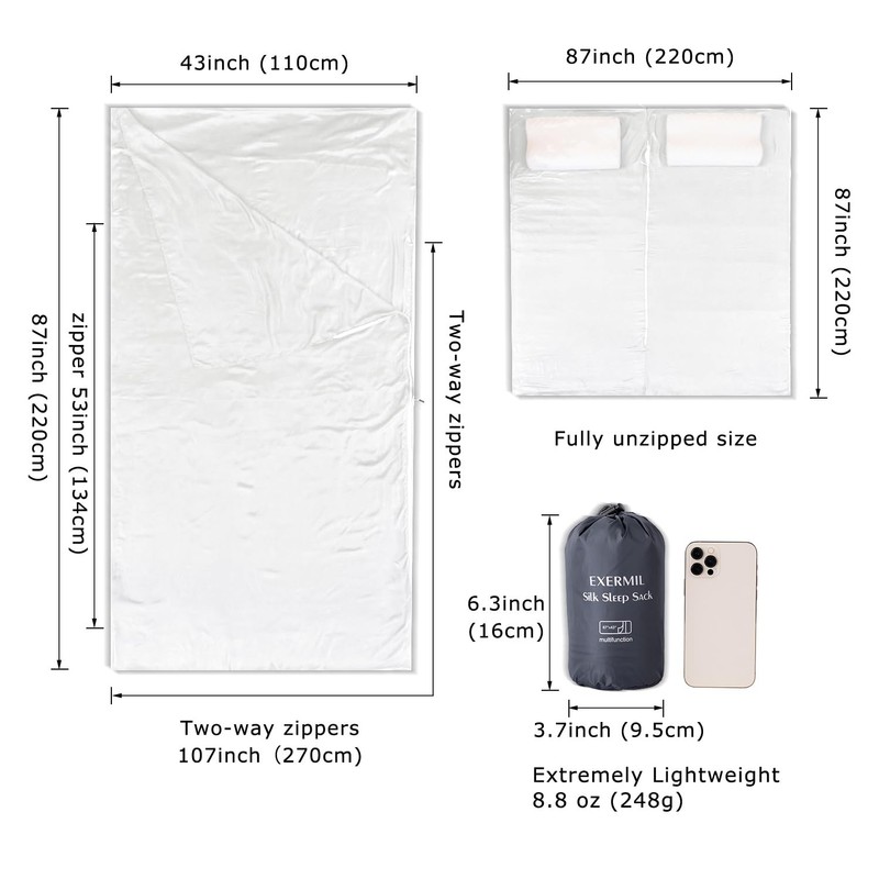 Exermil 100% Silk Sleep Sack with Zippers on 3 Sides,